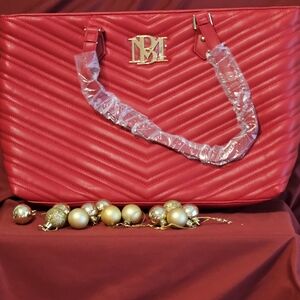Badgley Mischka Red Quilted Faux Leather Laptop Bag